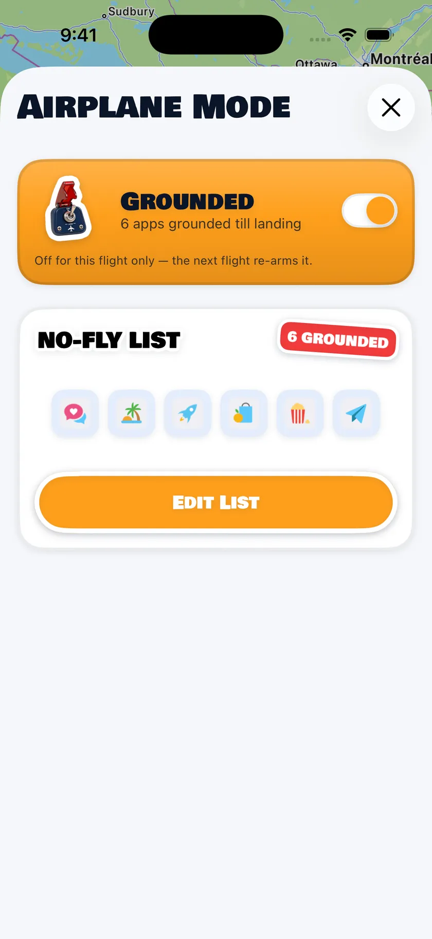 Airplane Mode screen with a no-fly list of blocked apps