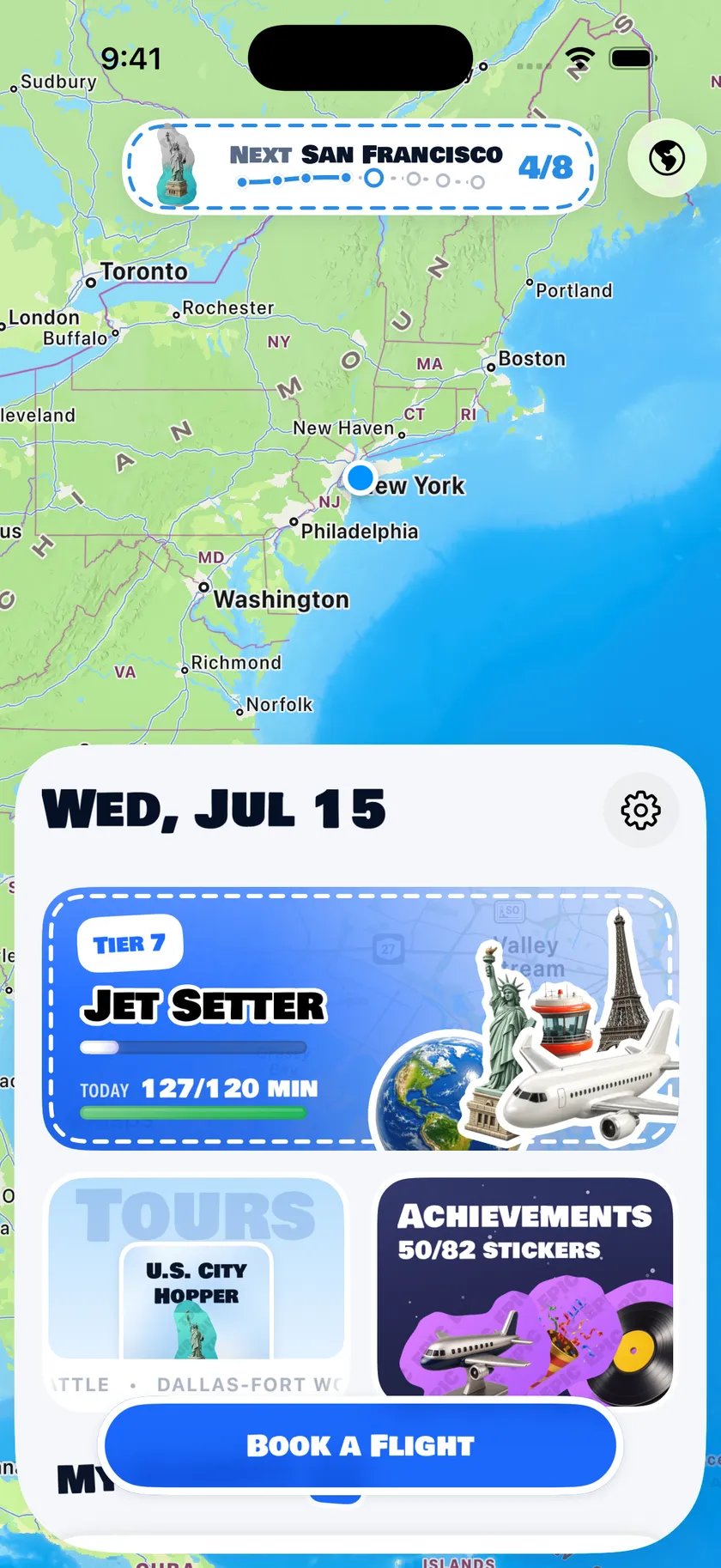 FocusAir home screen with the flight map