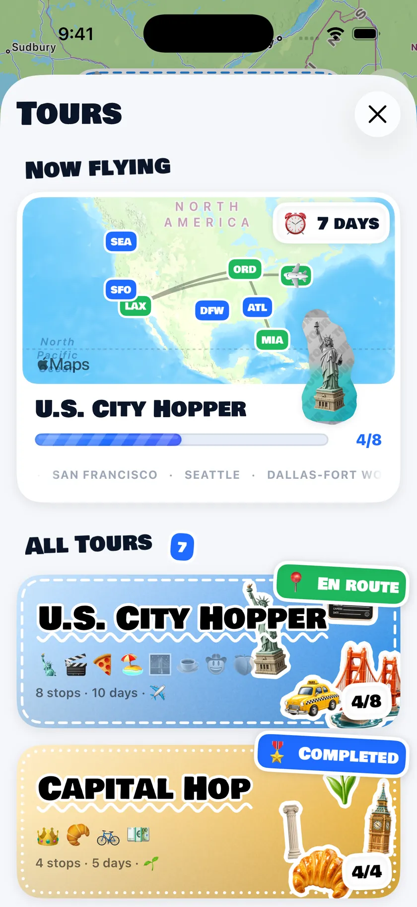 World tours map with multi-stop itineraries