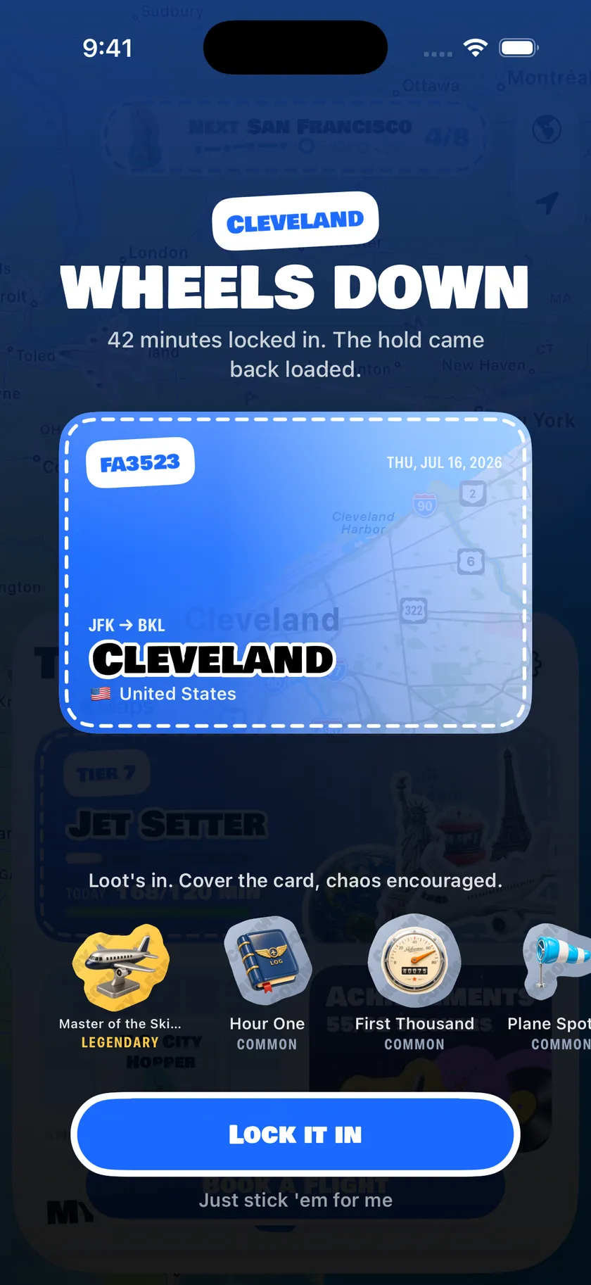 Wheels-down landing celebration with sticker loot